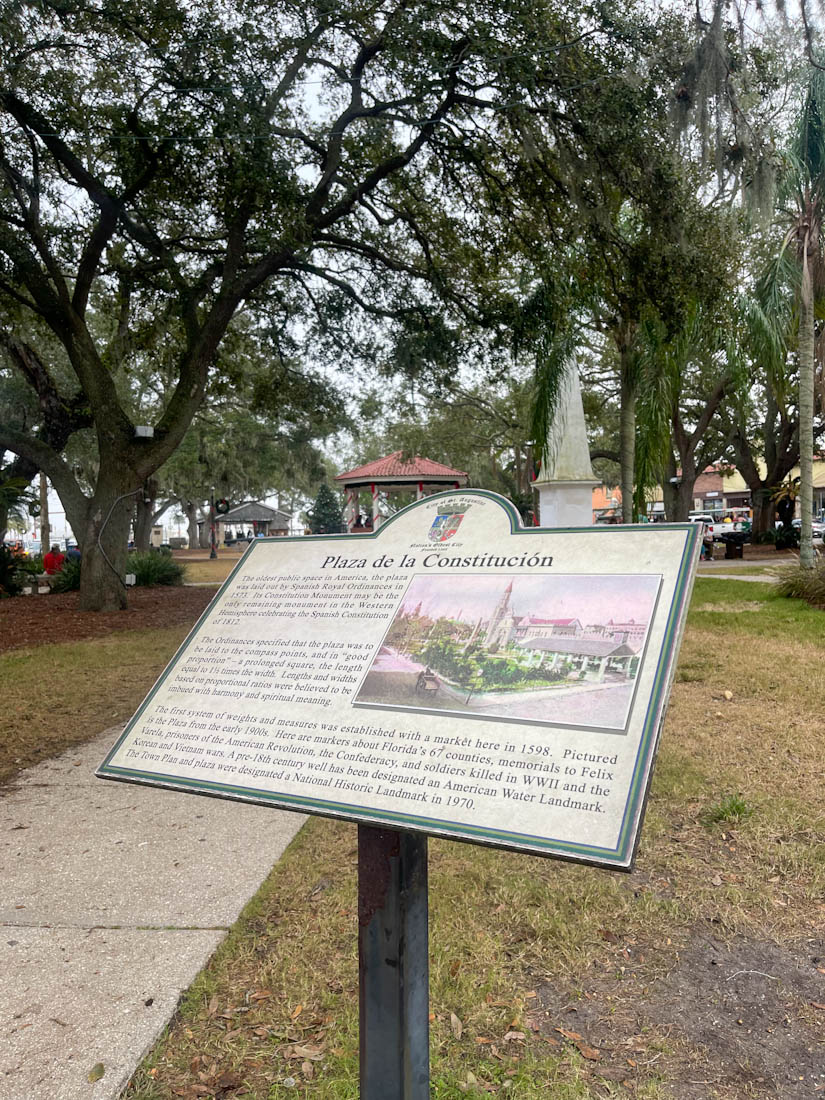 Plaza de la Constitución sign in park in St Augustine Florida