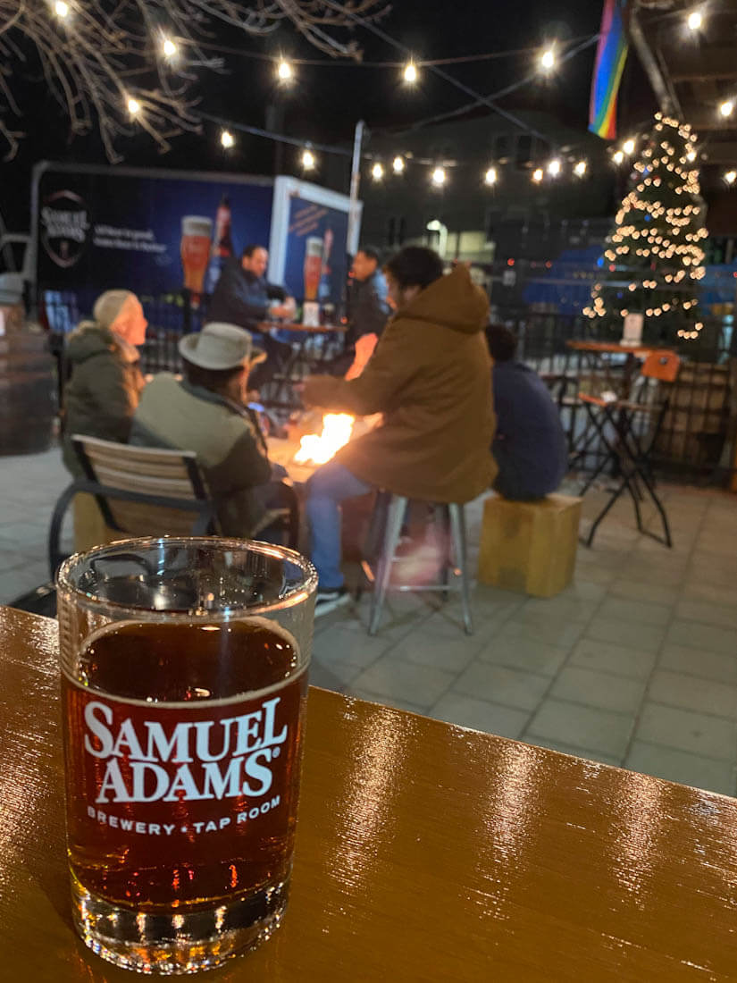 Sam Adams sampler in the beer garden at Christmastime Sam Adams Brewery Taproom in Jamaica Plain Boston Massachusetts