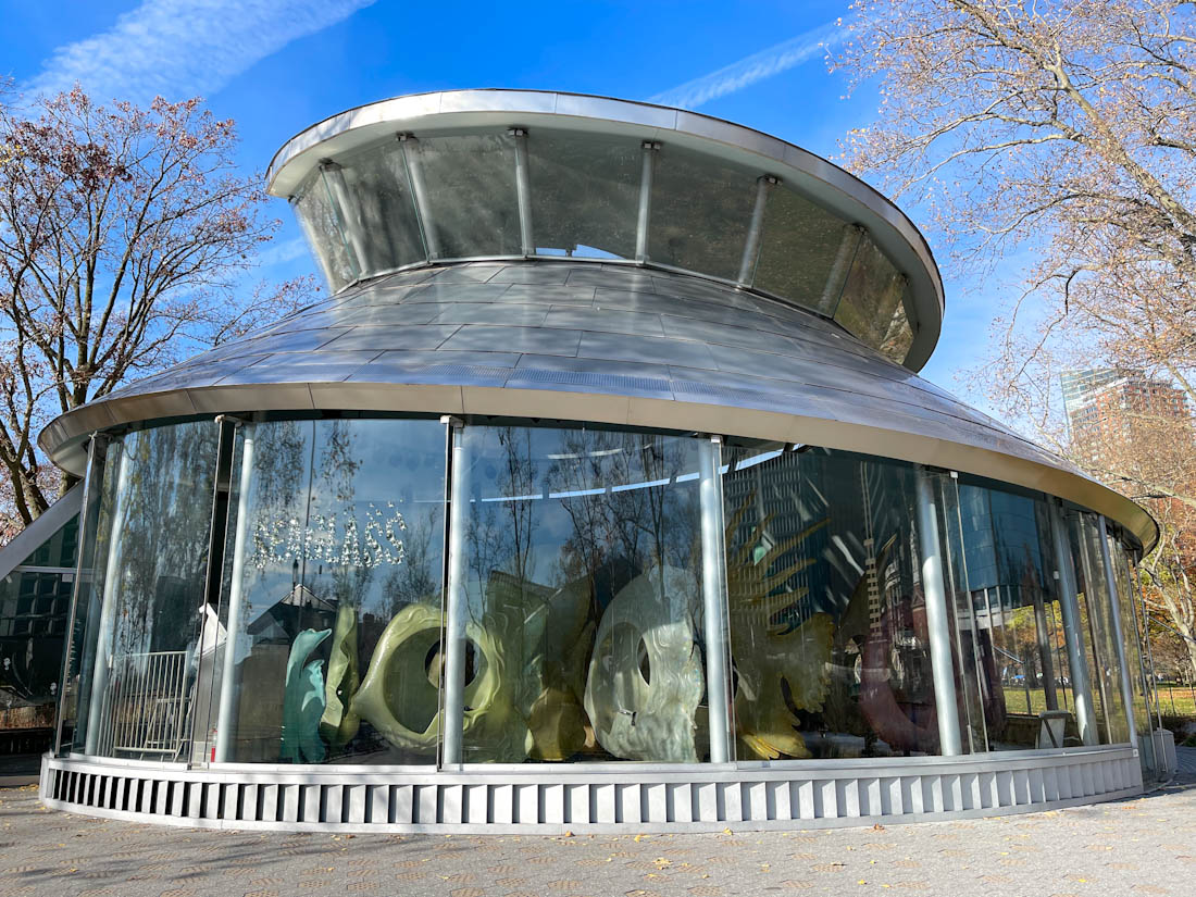 Uniquely shaped SeaGlass Carousel at Battery Park in NYC