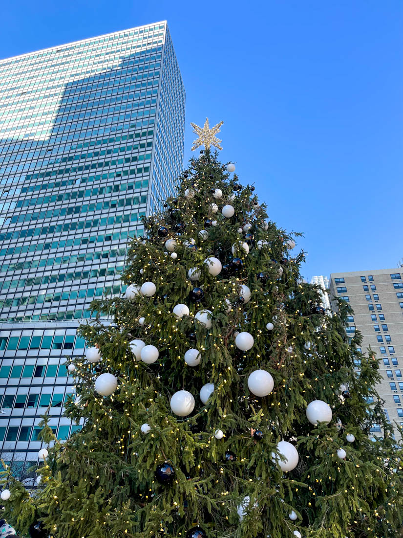 Seaport Christmas tree in NYC with building