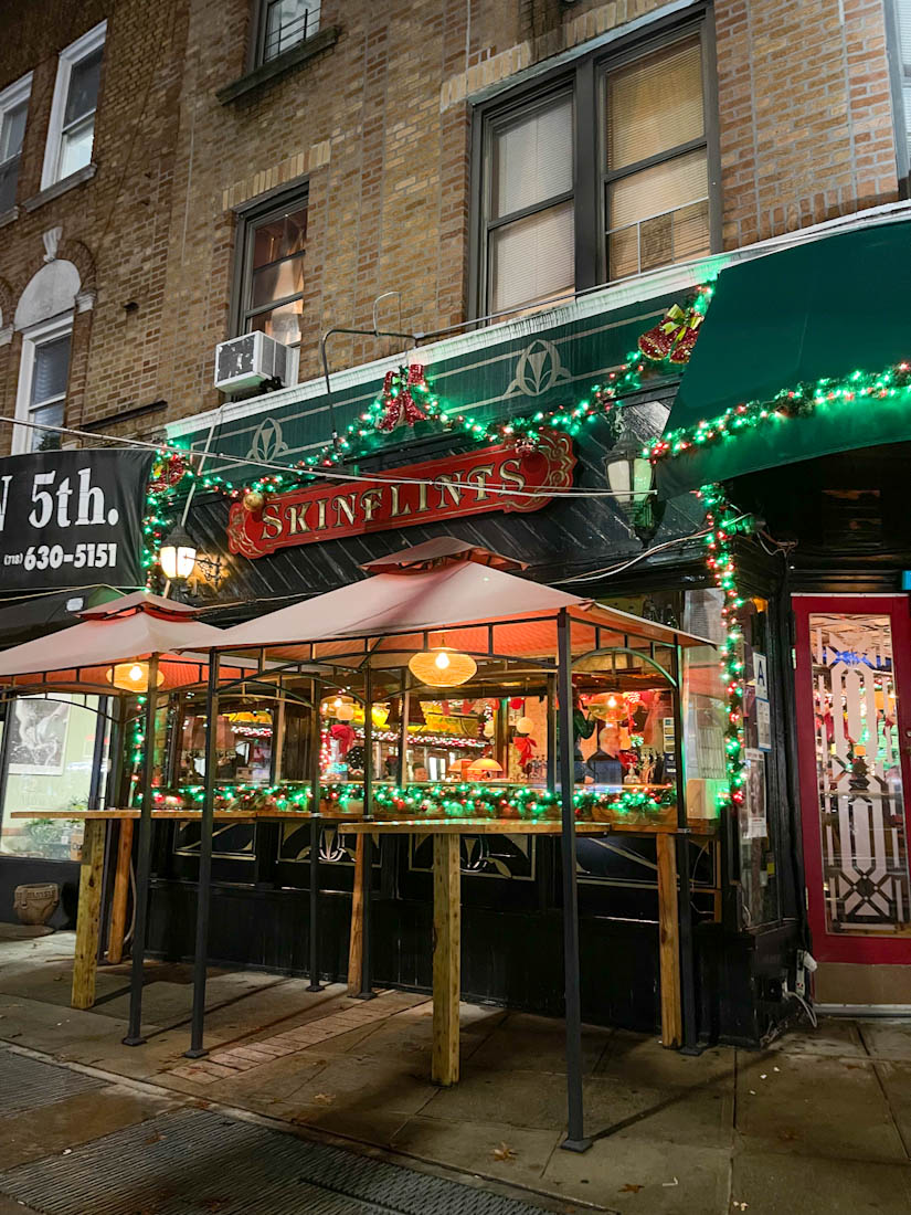 Skinflints Bar with Christmas decor at front 