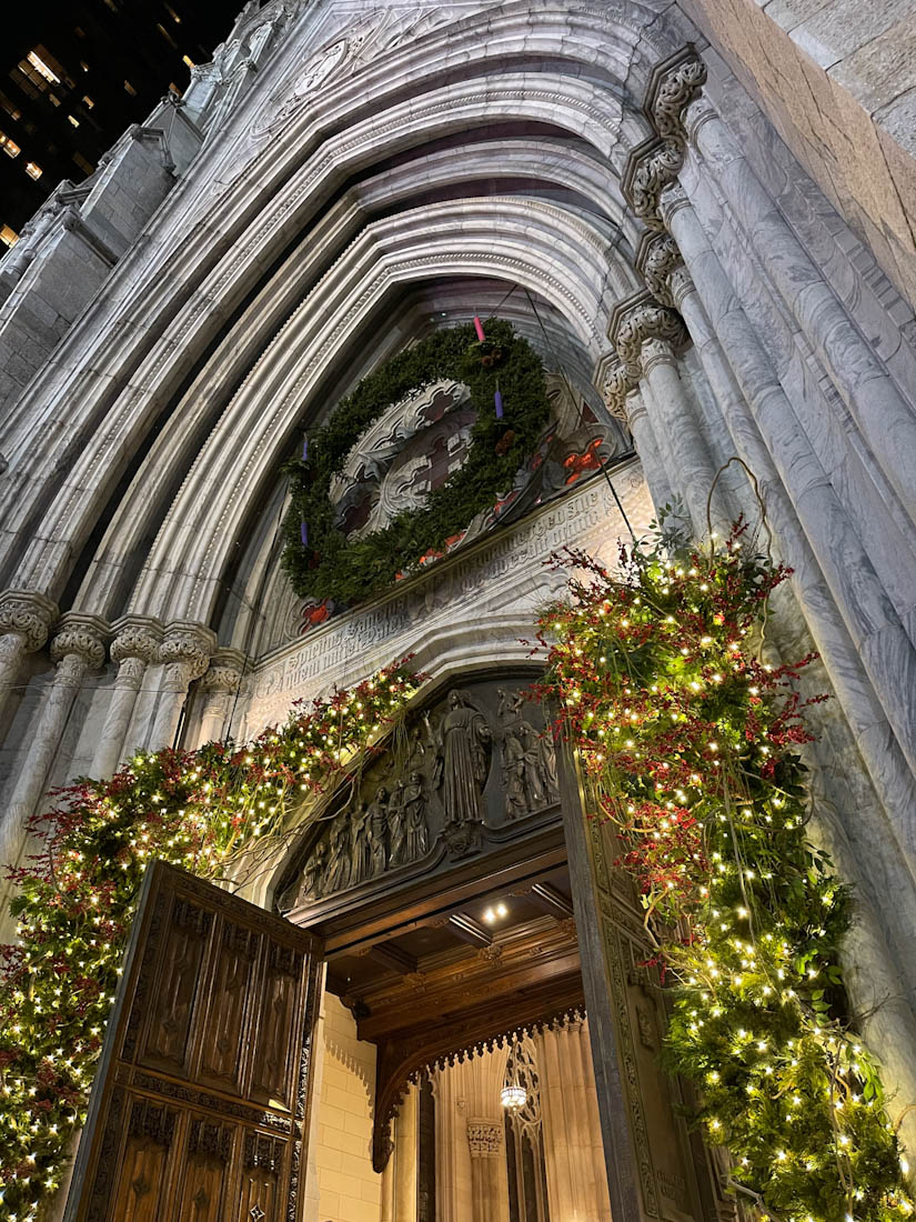 Front arch of St Patrick’s Cathedral with Christmas decor