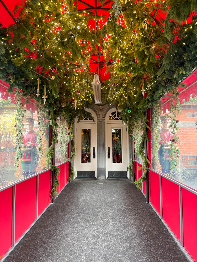 Red tunnel with Christmas decor at the Tavern on the Green Central Park NYC 