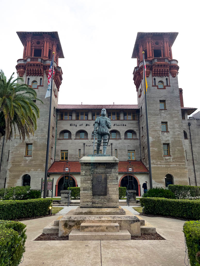 Pedro Menéndez de Avilés statue at The Lightner Museum at Hotel Alcazar entrance St Augustine Florida