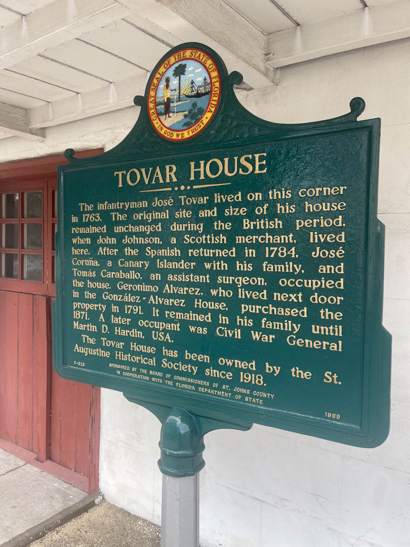 Tovar House sign in St Augustine Florida
