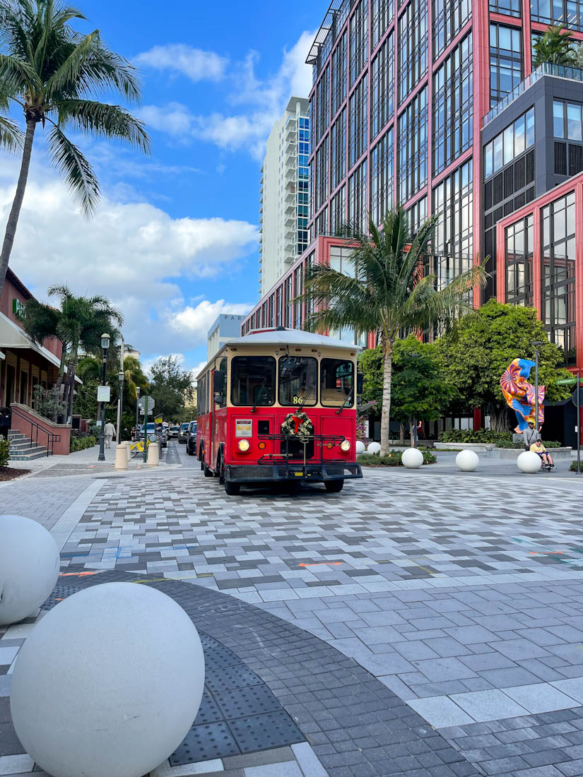Trolley driving along Rosemary Av West Palm Beach, Florida