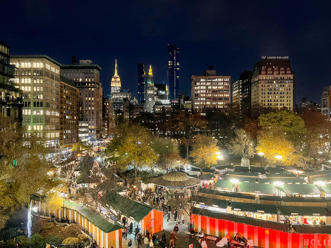 Union Square Holiday Market at night in NYC New York