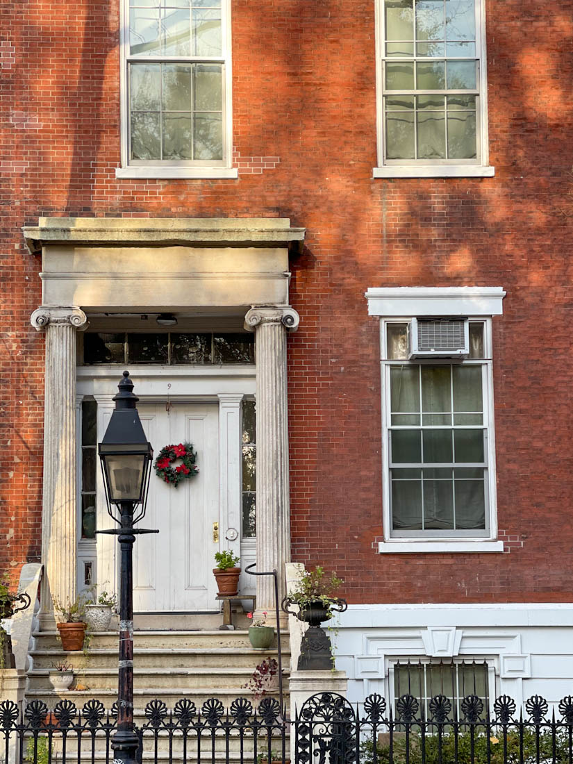 Washington Square North house with traditional Christmas Wreath 