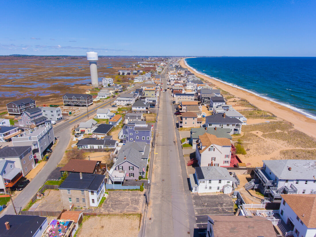 Central Avenue and Water Tower aerial view in Salisbury Beach in town of Salisbury, Massachusetts