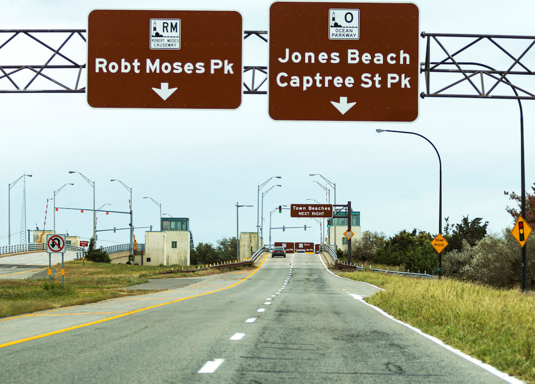 Road signs for Robert Moses Causeway and Jones Beach on Long Island