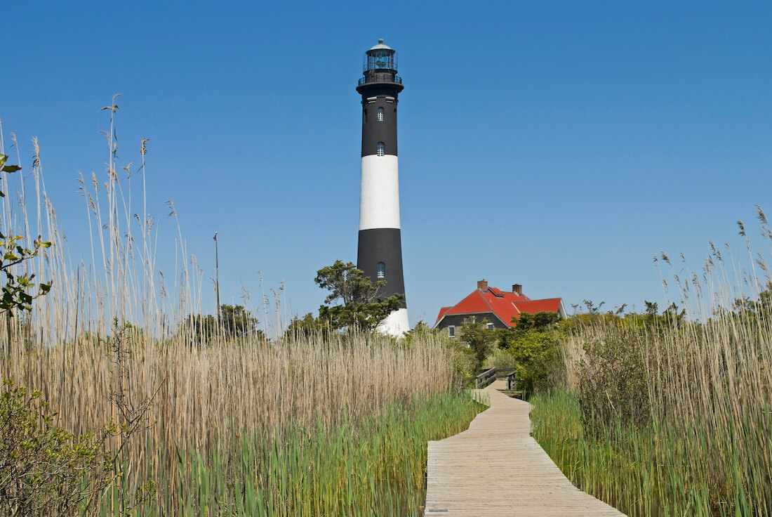 Fire Island Lighthouse at the end of the boardwalk on Long Island in New York