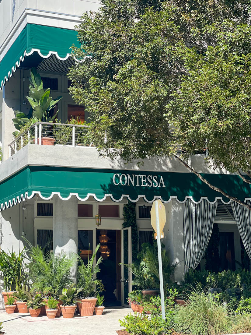 Contessa on green drapes of store Design District Miami
