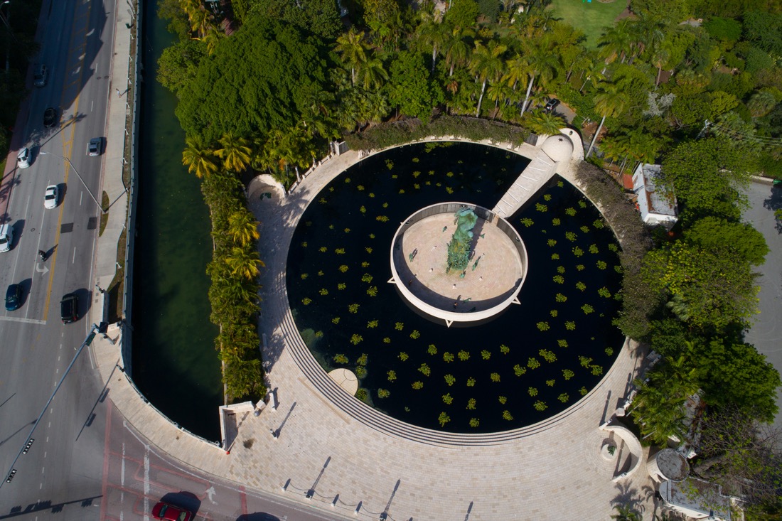Drone view of Miami Beach Holocaust Memorial Florida. Circle outlining monument.