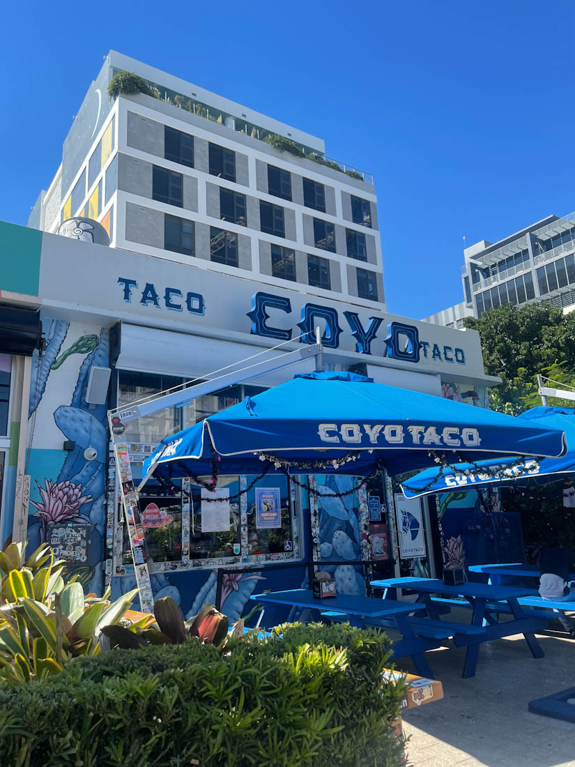 Taco Coyo entrance with patio seating Wynwood Miami