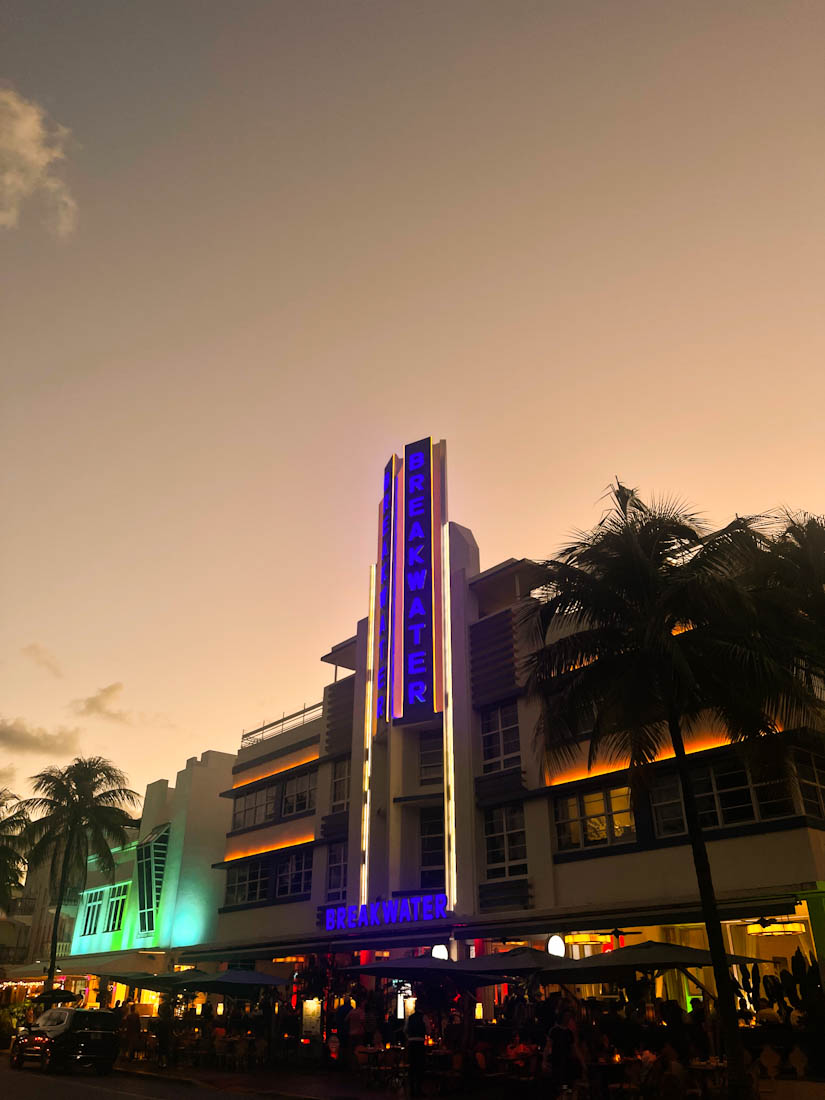 Night sky over a the Art Deco hotel, Breakwataer Hotel on Ocean Drive in Miami Beach