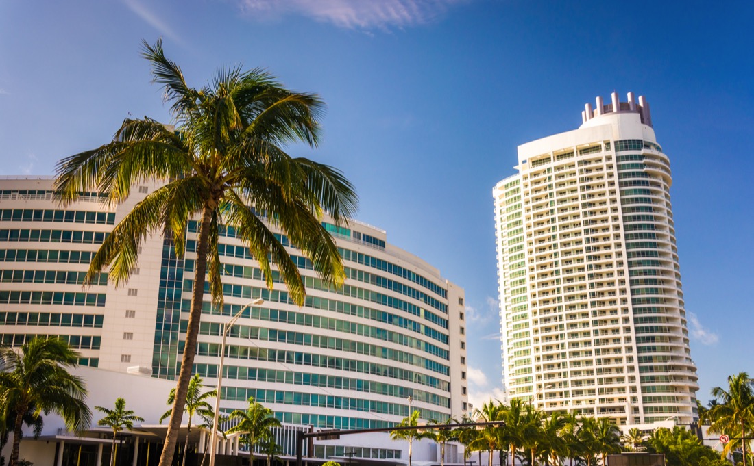 Blue skies, palm trees and The Fontainebleau Hotel, in Miami Beach, Florida. 