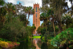A peekaboo view of The Singing Tower in Bok Tower Gardens, a National Historic Landmark and bird sanctuary north of Lake Wales in Orlando Florida