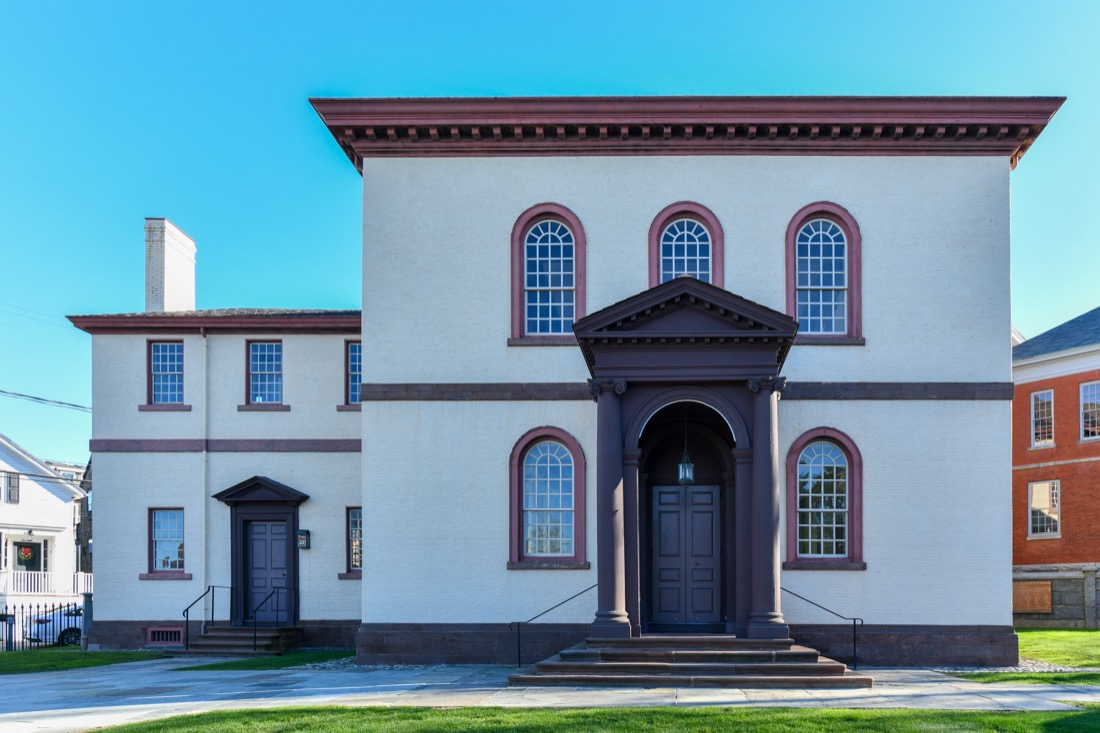 White building, Touro Synagogue, America's oldest synagogue, in Newport, Rhode Island.