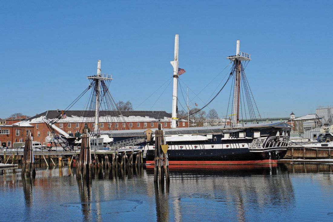 Docked USS Constitution sailing ship in Charlestown Navy Yard.