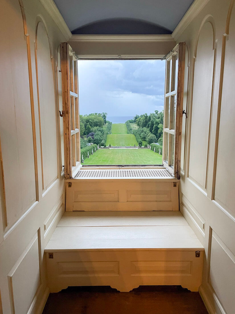 A view through an upstairs window of the extensive lawn at Castle Hill on the Crane Estate in Ipswich on the North Shore of Massachusetts