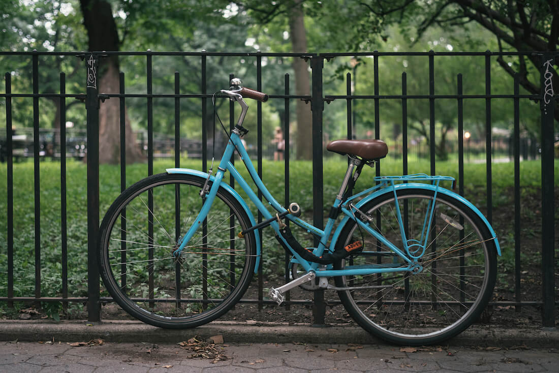 A blue bike at Tompkins Square Park, in the East Village, Manhattan, New York City New York