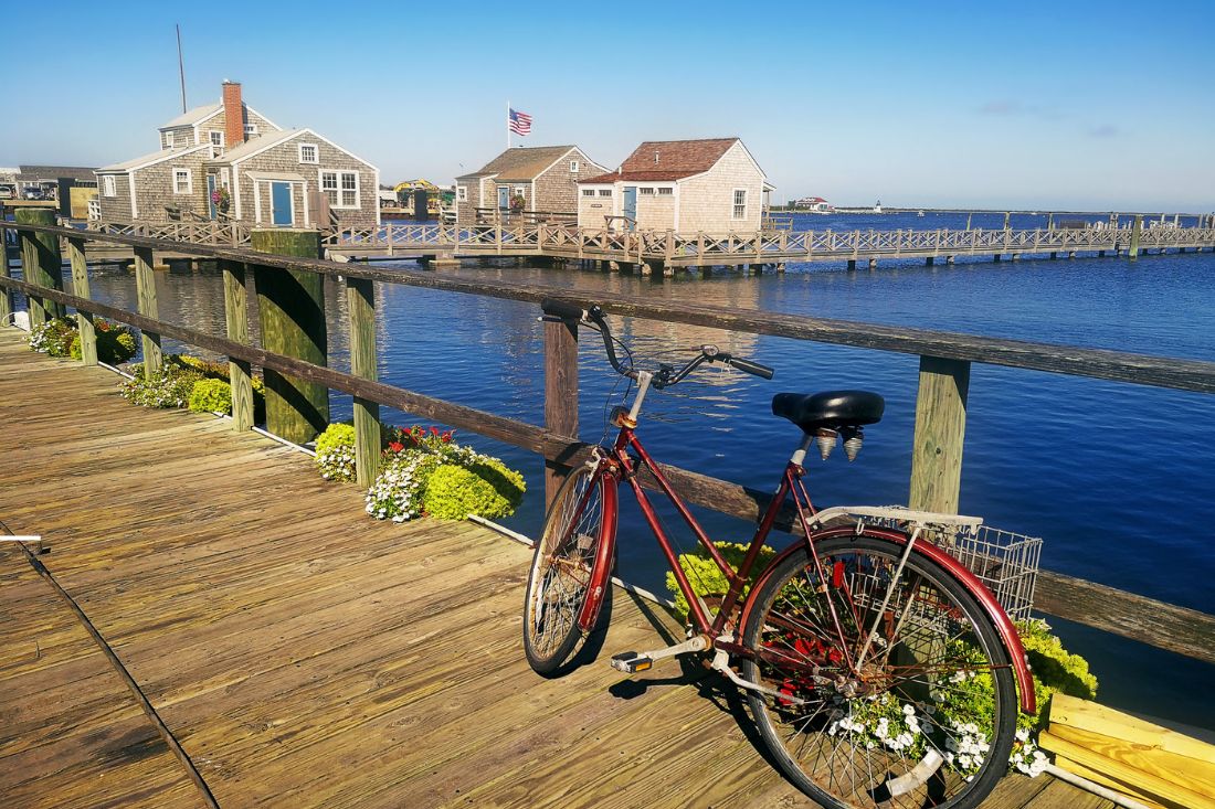 Bike at harbor houses in Nantucket, MA.