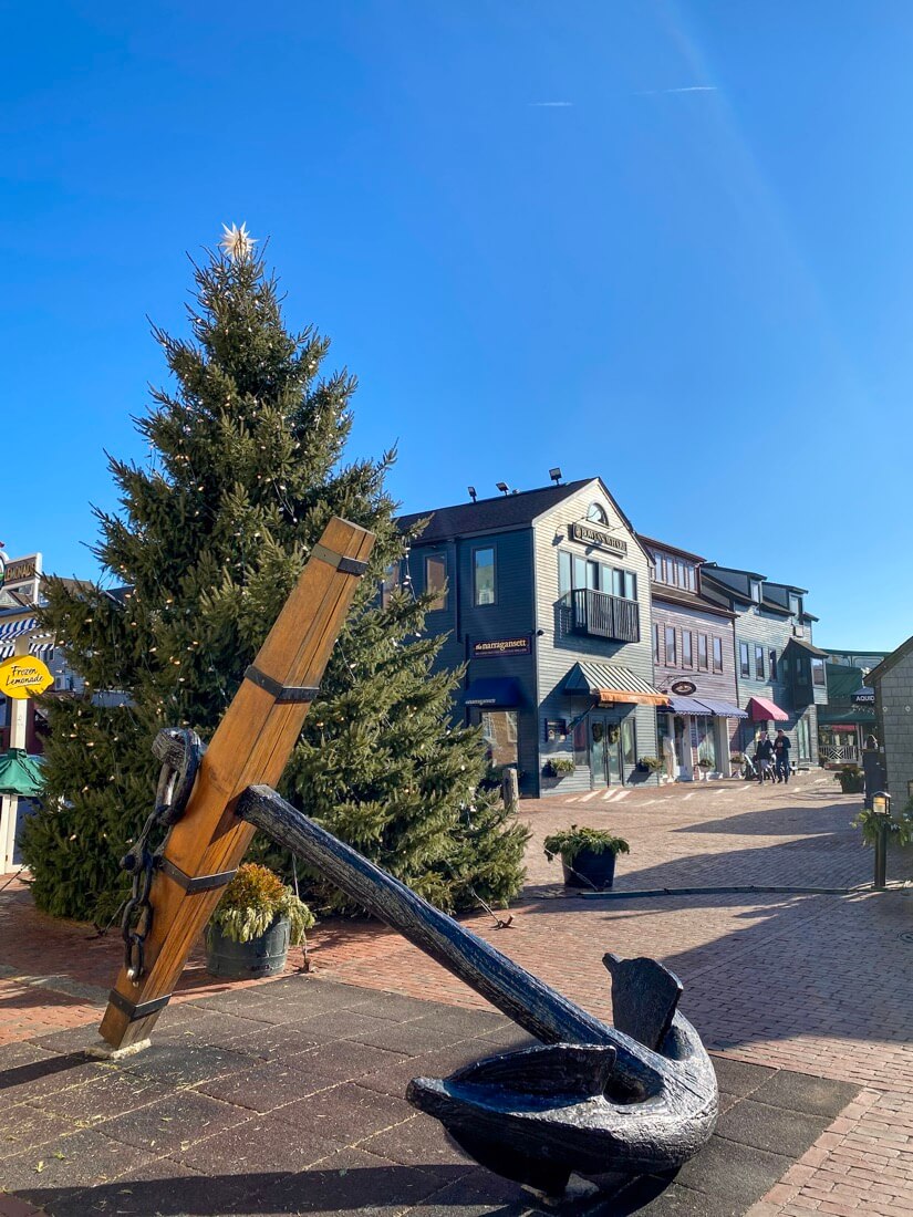 Christmas tree between a building and anchor at Bowen's Wharf, Rhode Island.