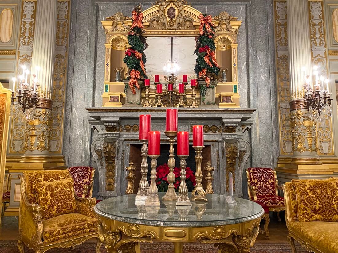 Red Christmas candles in The Breakers mansion in Newport Rhode Island