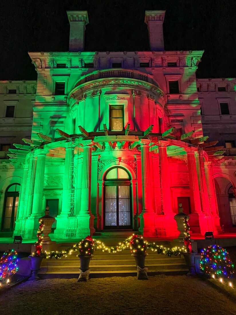 Red and green lights at Sparkling Lights at The Breakers mansion in Newport Rhode Island