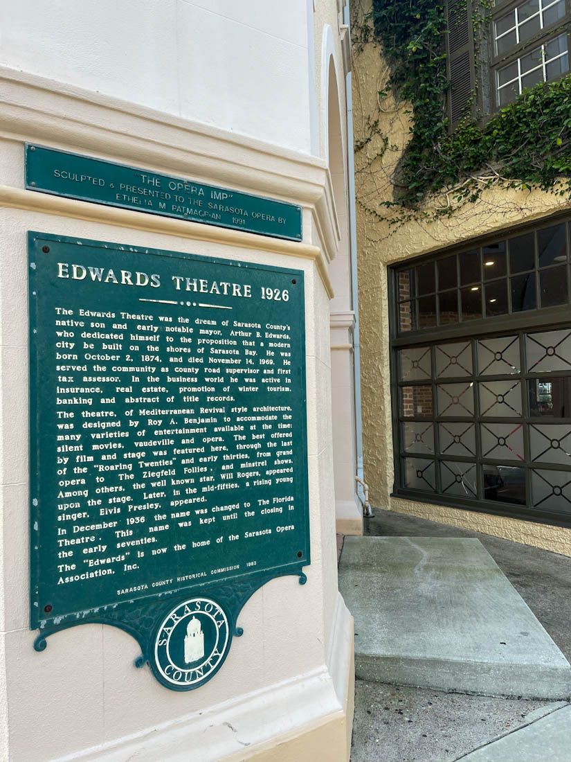 Sarasota Opera House Edwards Theatre plaque in Florida