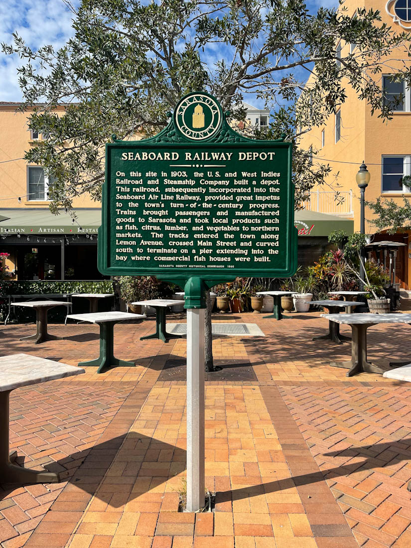 Green Seaboard Railway Depot sign in Sarasota Florida