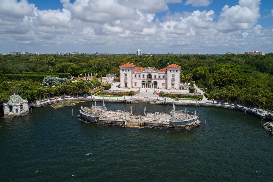 Arial view of mansion Villa Vizcaya Museum and Gardens in Miami 
