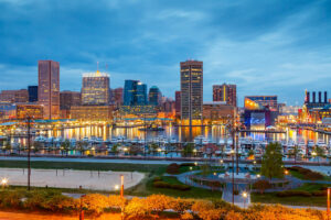 Baltimore Inner Harbor at night in Maryland