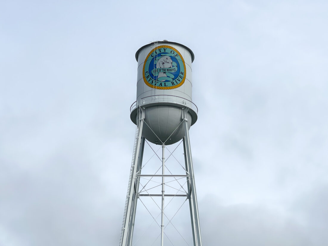 Crystal River Florida water tower on a cloudy day