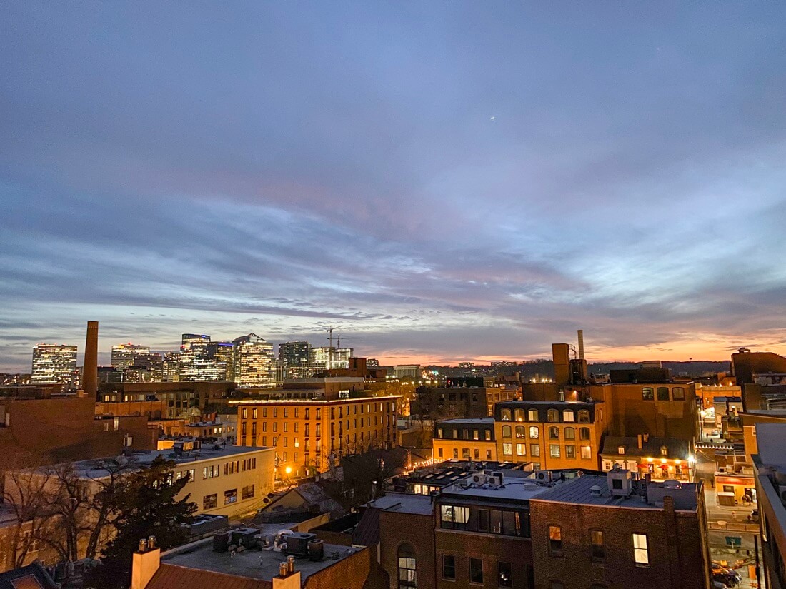 Rooftops view of Georgetown in Washington DC at night