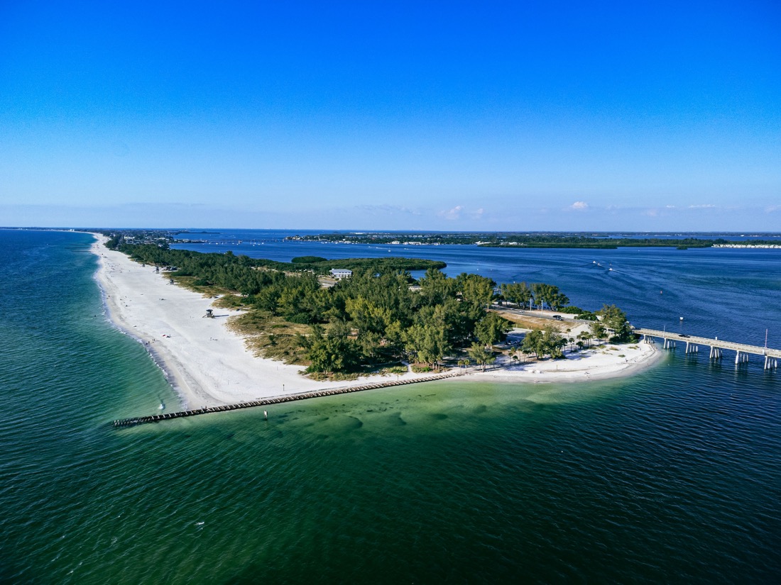 An aerial view of the sunny Coquina Beach, Bradenton Beach in Florida. 