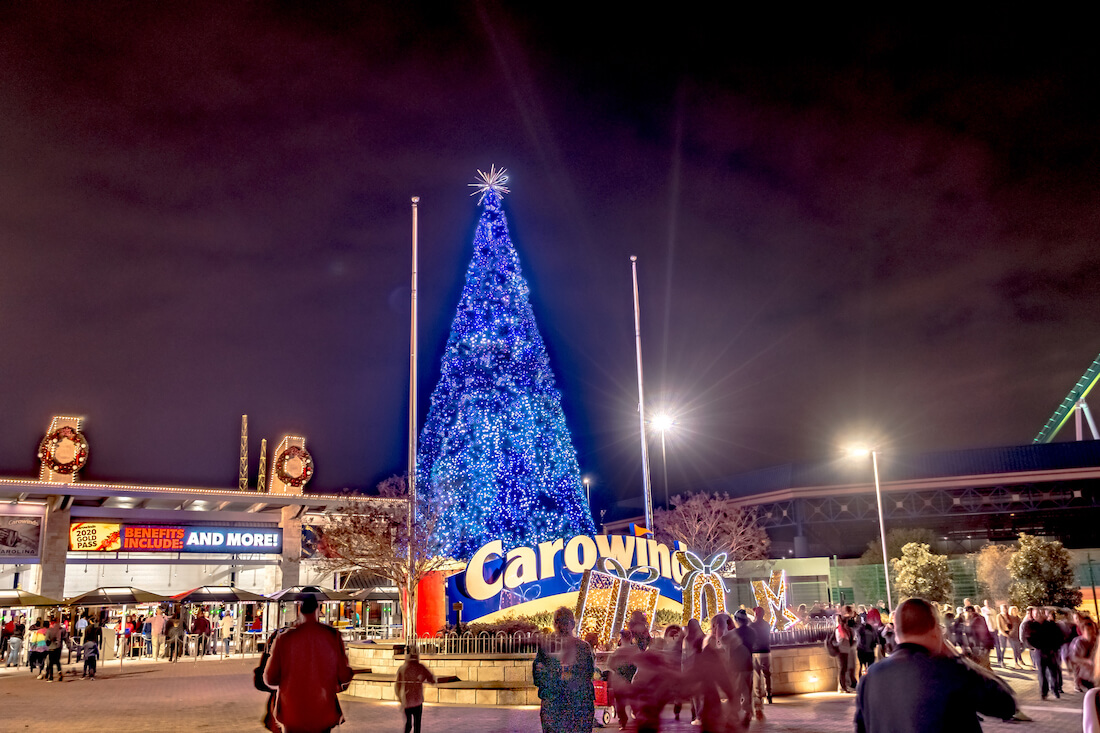 Christmas time Winterfest celebration at Carowinds theme park in Charlotte North Carolina on the South Carolina border