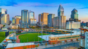 Aerial view of Downtown Charlotte North Carolina's Skyline with Truist Baseball field