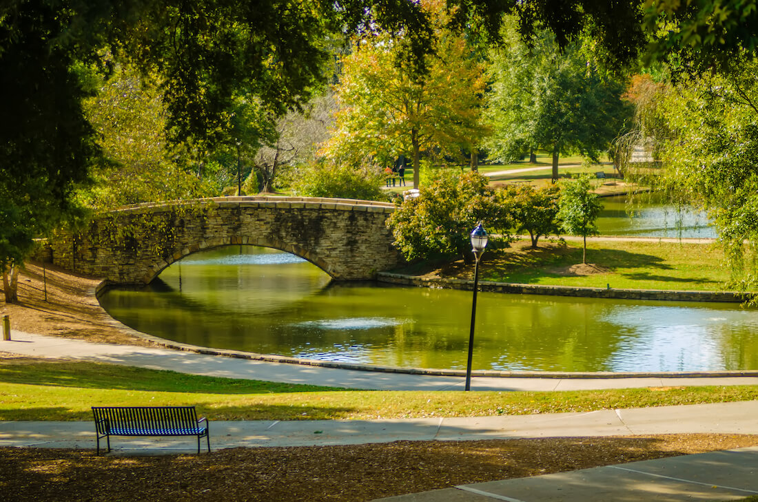 Flagstone walking bridge at Freedom Park in Charlotte, North Carolina