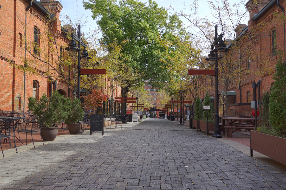 A pedestrian mall of retail shops converted from old tobacco warehouses in Durham, North Carolina
