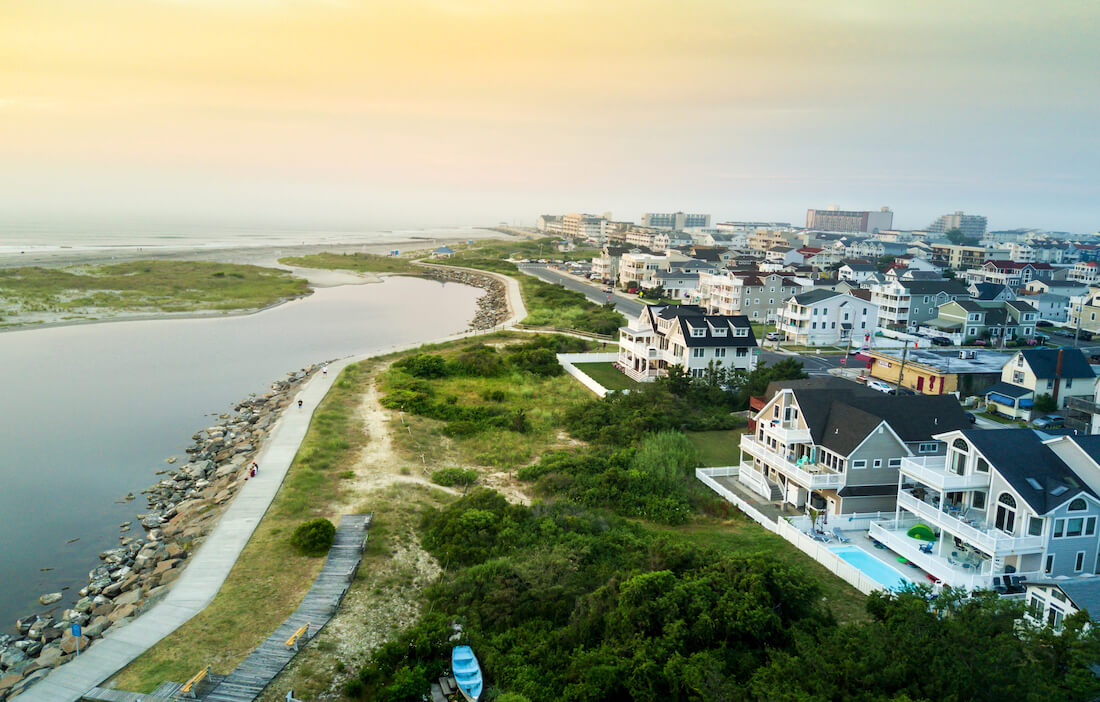 Aerial view of the sunset over North Wildwood sea wall in New Jersey