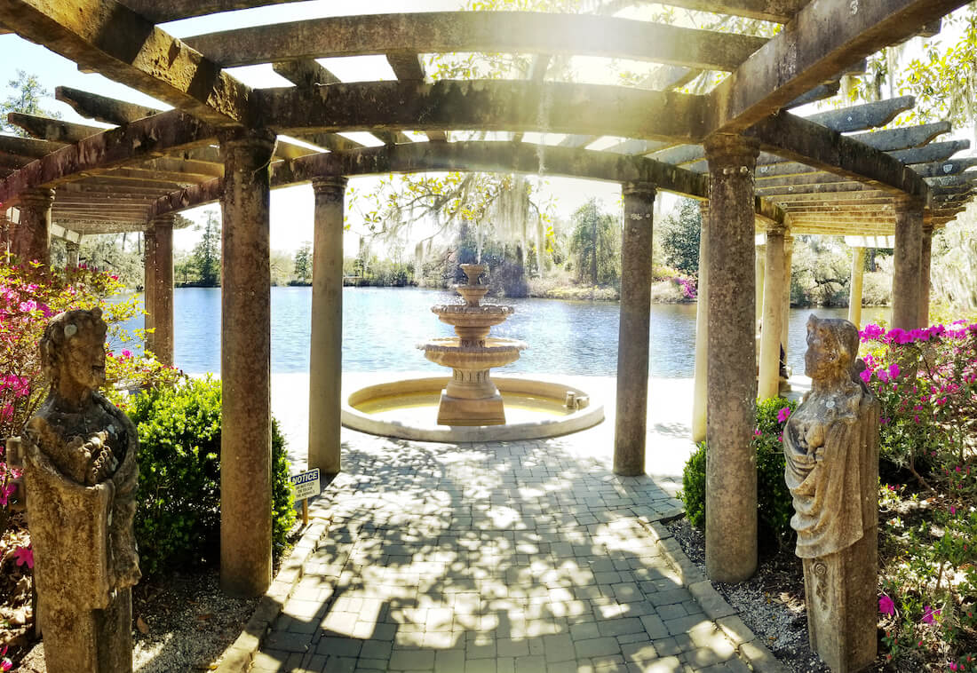 Beautiful fountain and trellis on the lake in Airlie Gardens in Wilmington, North Carolina