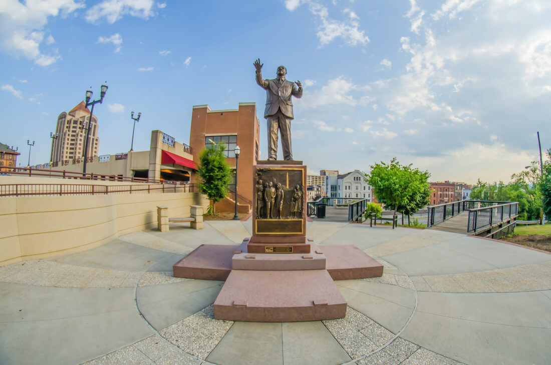 MLK statue in Roanoke Virginia city skyline in the mountain valley of Appalachia