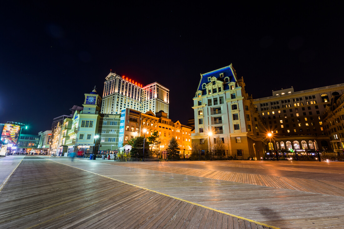 Skyline of Atlantic City, New Jersey at night at the boardwalk