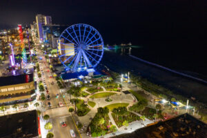The Skywheel at Myrtle Beach at night aerial photo