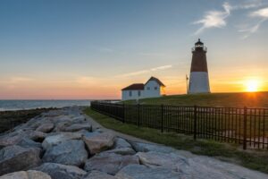 View of sunset at Point Judith Lighthouse, Narragansett, RI.