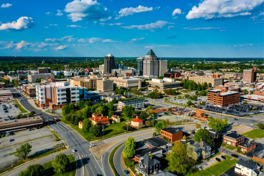 Aerial view of Greensboro, North Carolina.
