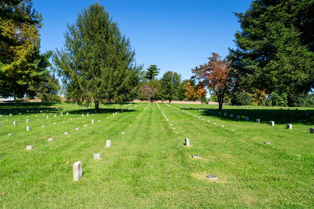 Rows of gravesites at Fredericksburg National Cemetery in Virginia.