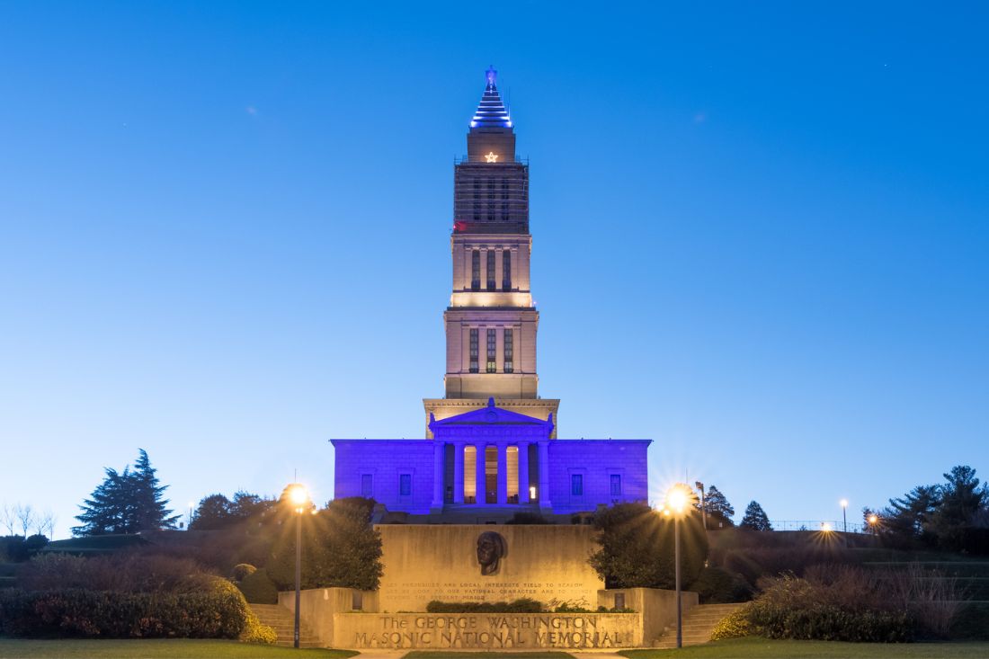George Washington Masonic National Memorial at night in Alexandria, VA.