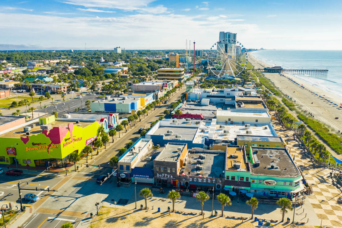 Aerial view of the strip of Myrtle Beach tourist attractions